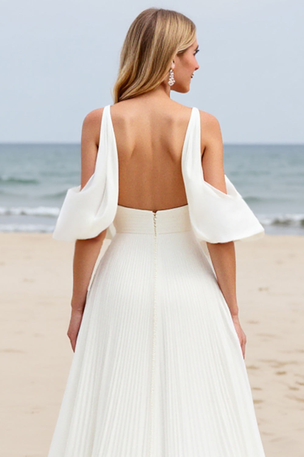 White A-Line Cold Shoulder Beach Wedding Dress With Slit