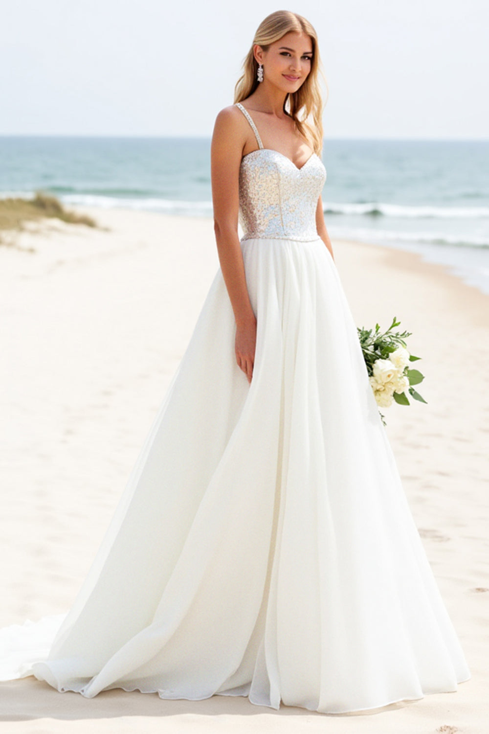 Ivory A-Line Spaghetti Straps Beach Bridal Dress With Sequins