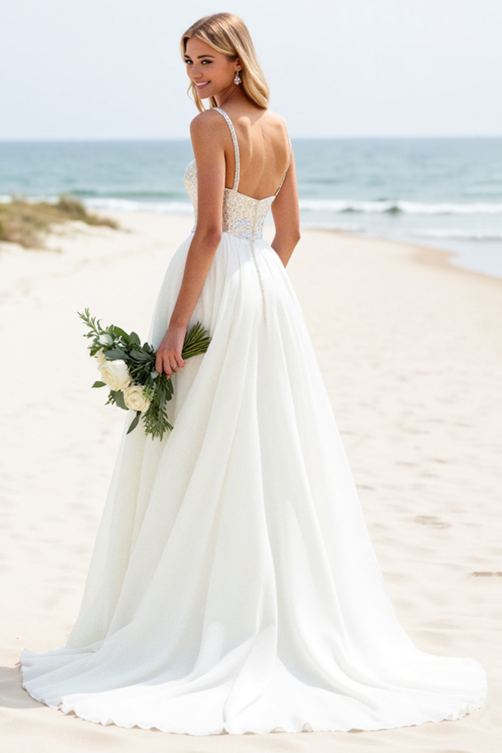 Ivory A-Line Spaghetti Straps Beach Bridal Dress With Sequins