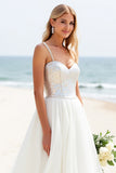 Ivory A-Line Spaghetti Straps Beach Bridal Dress With Sequins