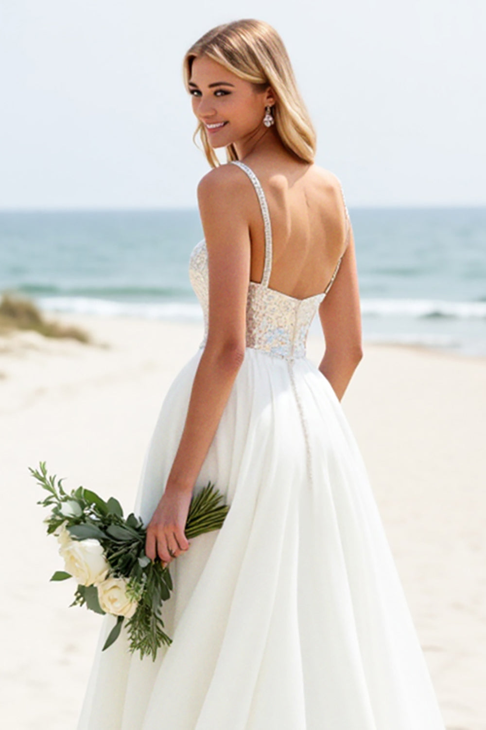 Ivory A-Line Spaghetti Straps Beach Bridal Dress With Sequins