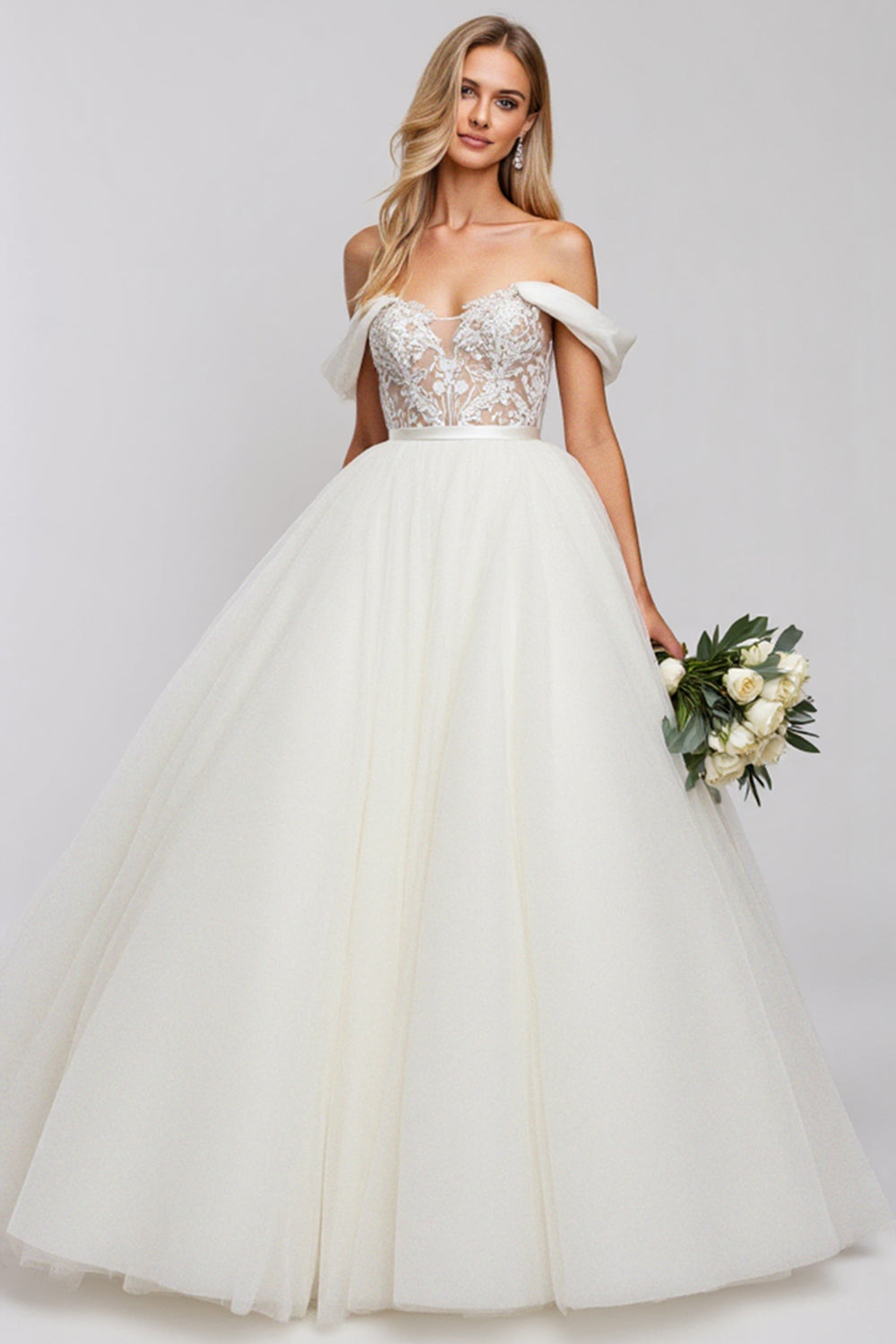 Off The Shoulder A-Line Tulle Ivory Wedding Dress With Appliques