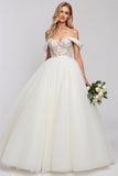 Off The Shoulder A-Line Tulle Ivory Wedding Dress With Appliques