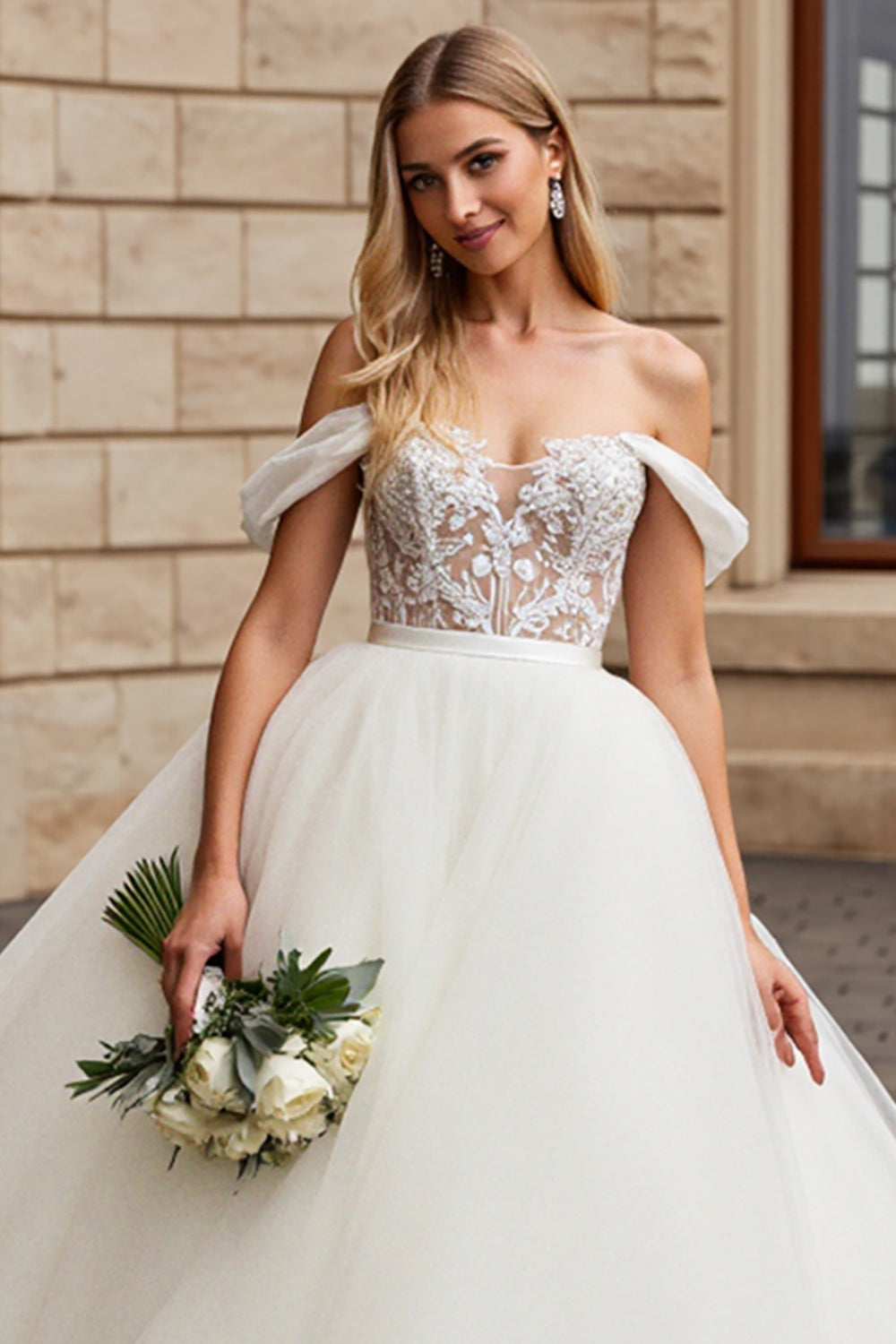 Off The Shoulder A-Line Tulle Ivory Wedding Dress With Appliques