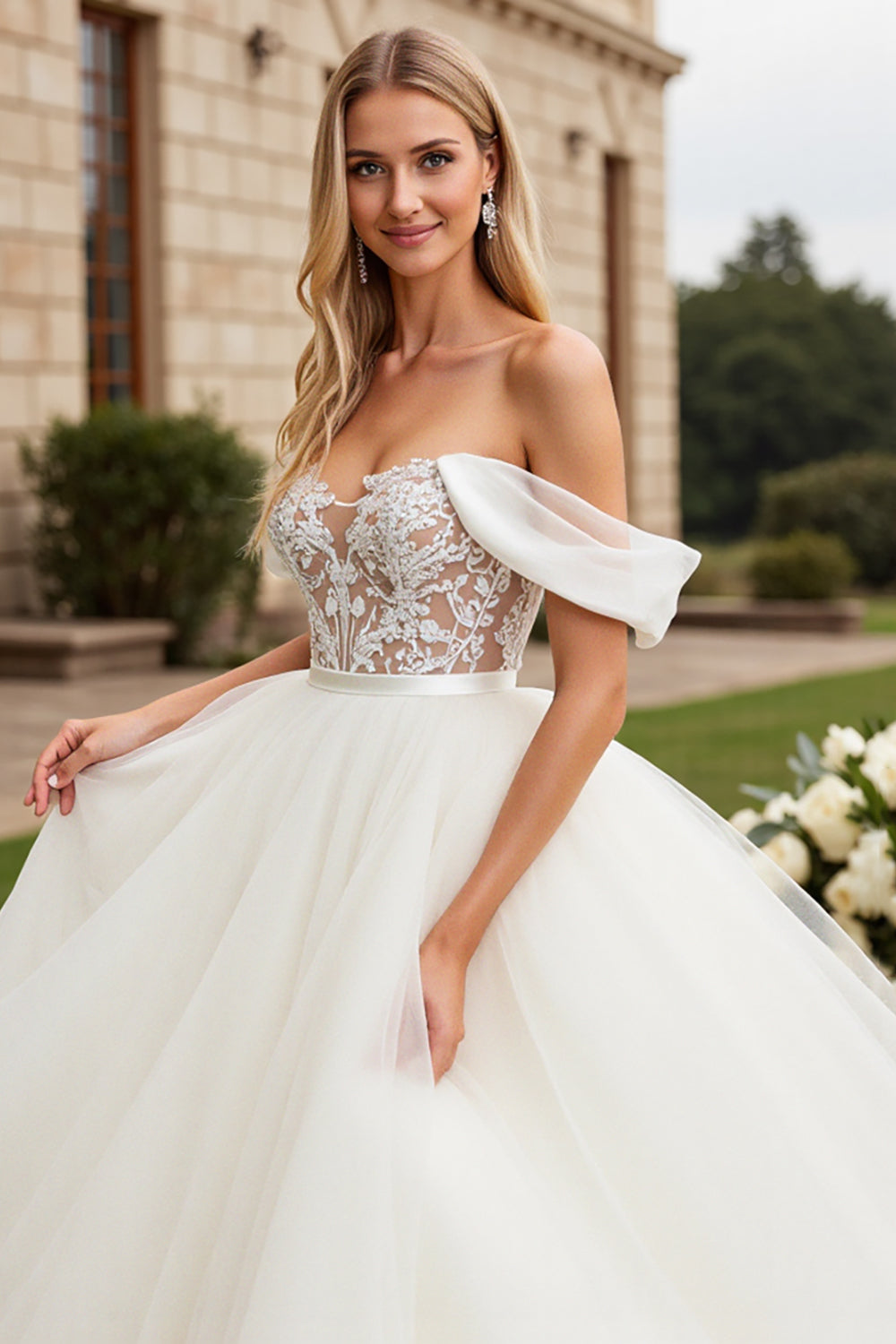 Off The Shoulder A-Line Tulle Ivory Wedding Dress With Appliques