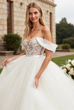 Off The Shoulder A-Line Tulle Ivory Wedding Dress With Appliques