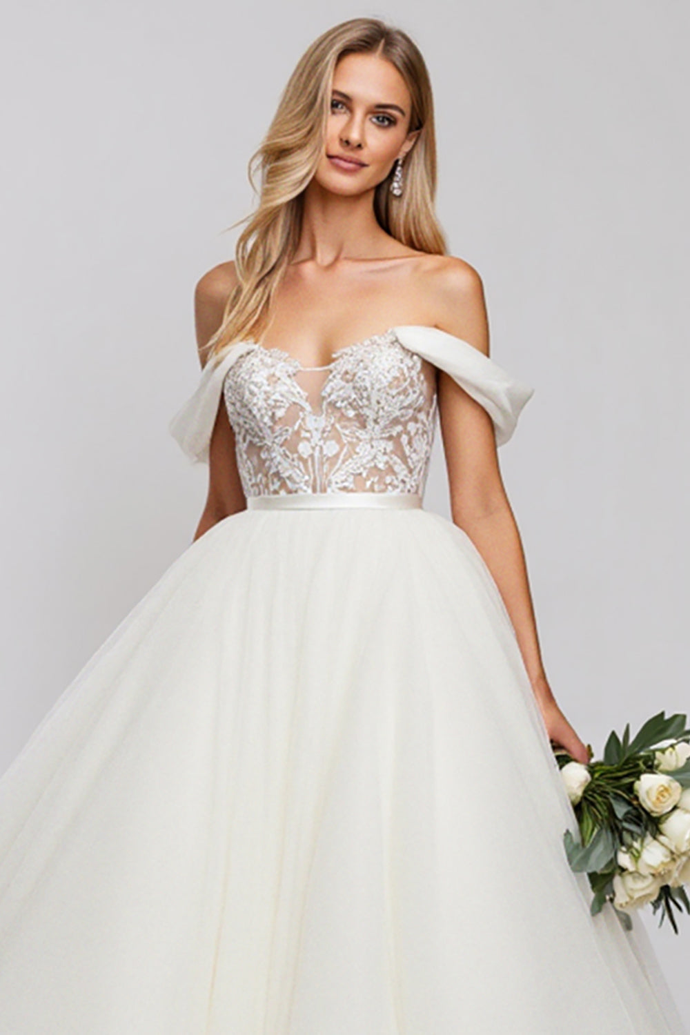 Off The Shoulder A-Line Tulle Ivory Wedding Dress With Appliques