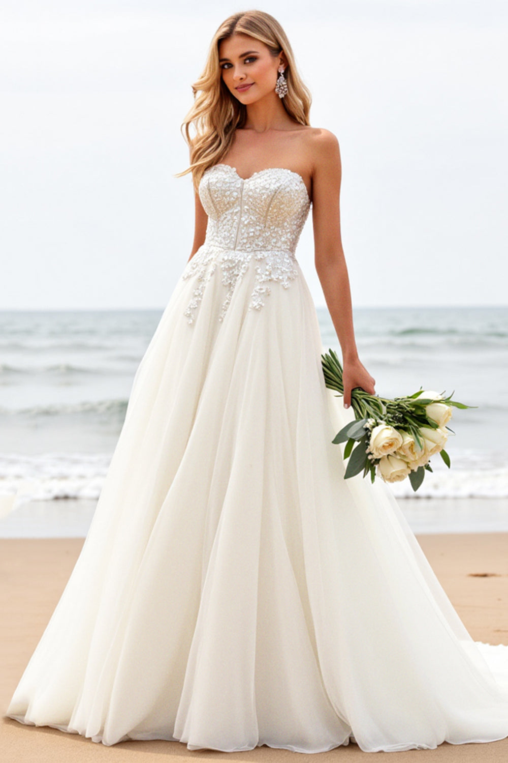 Strapless Ivory A-Line Corset Tulle Wedding Dress With Appliques