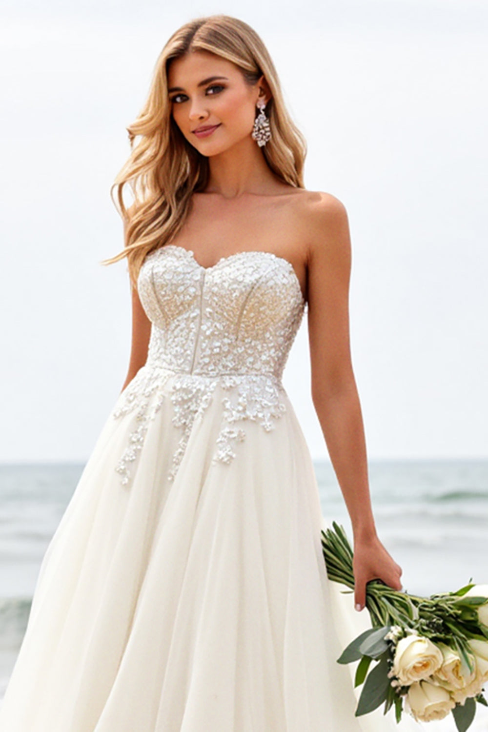 Strapless Ivory A-Line Corset Tulle Wedding Dress With Appliques