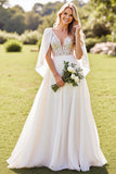 Ivory Lace Corset Deep V Neck A-Line Wedding Dress With Cape