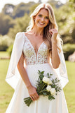 Ivory Lace Corset Deep V Neck A-Line Wedding Dress With Cape