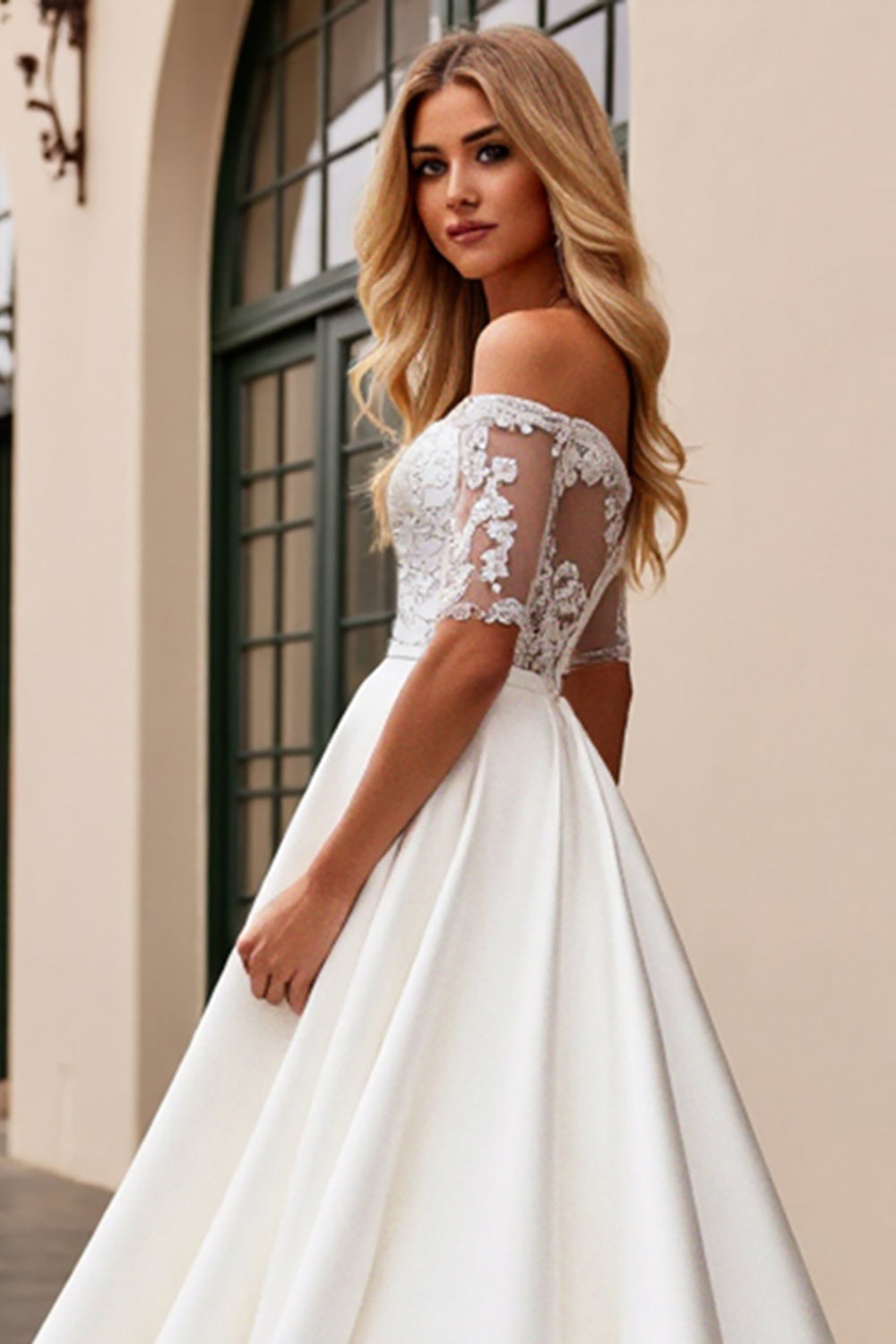 Ivory A Line Off The Shoulder Lace Long Wedding Dress