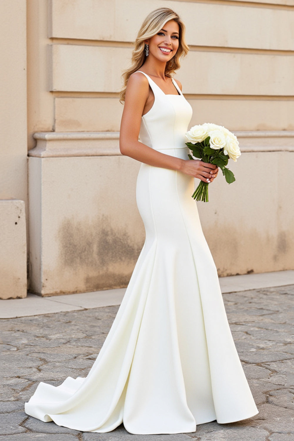 Simple Ivory Mermaid Square Neck Satin Wedding Dress