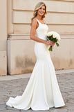 Simple Ivory Mermaid Square Neck Satin Wedding Dress
