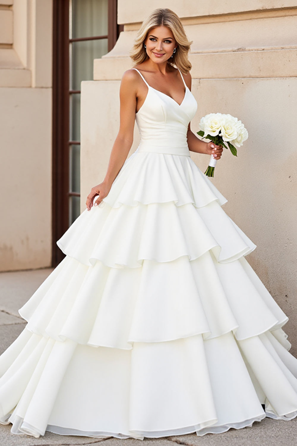 Princess Ivory Spaghetti Straps Ruffled Satin Wedding Dress