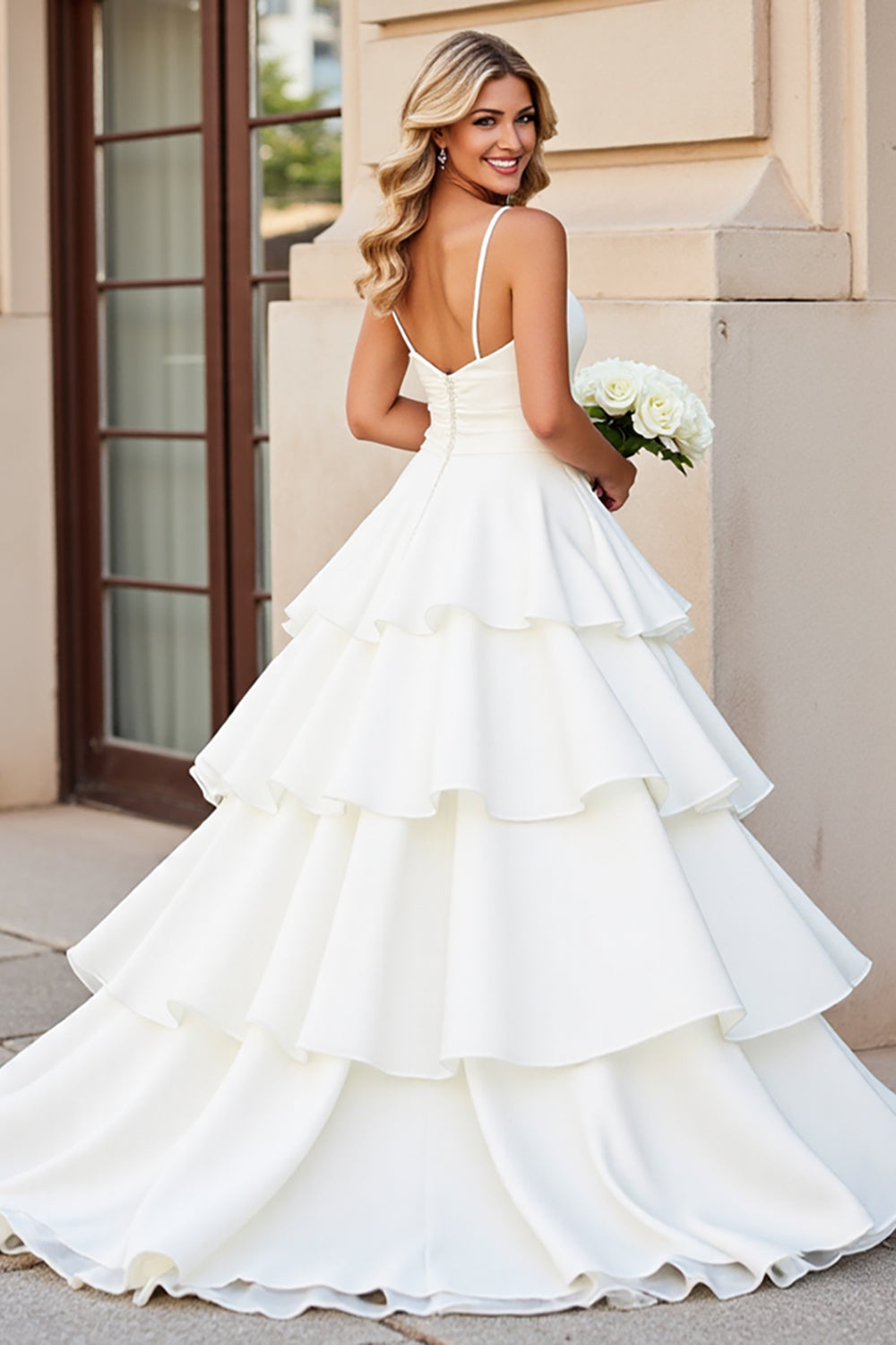 Princess Ivory Spaghetti Straps Ruffled Satin Wedding Dress