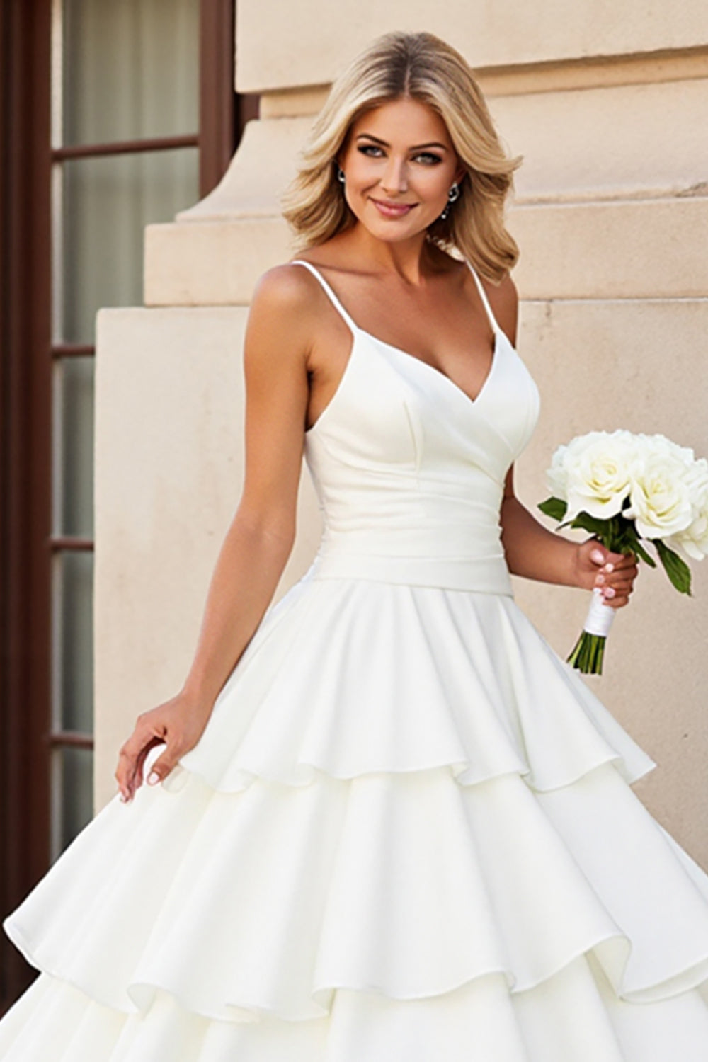 Princess Ivory Spaghetti Straps Ruffled Satin Wedding Dress