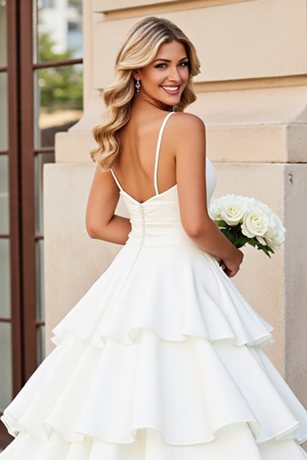 Princess Ivory Spaghetti Straps Ruffled Satin Wedding Dress