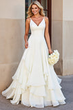 White A-line Spaghetti Straps Tiered Ruffled Wedding Dress