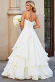 White A-line Spaghetti Straps Tiered Ruffled Wedding Dress