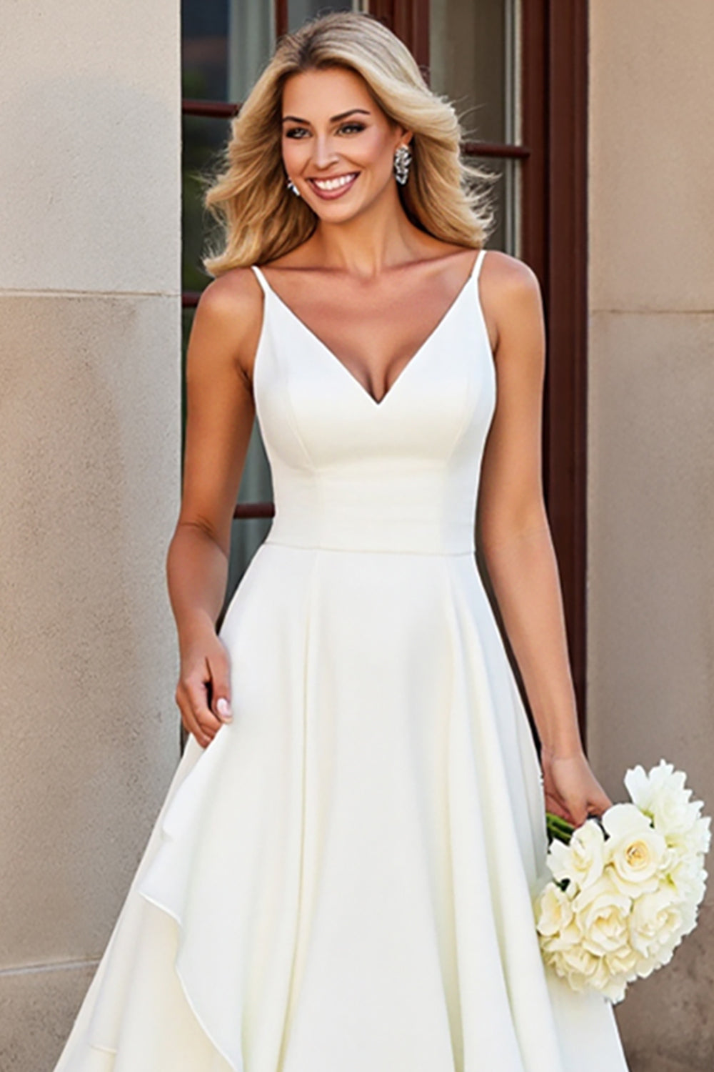 White A-line Spaghetti Straps Tiered Ruffled Wedding Dress
