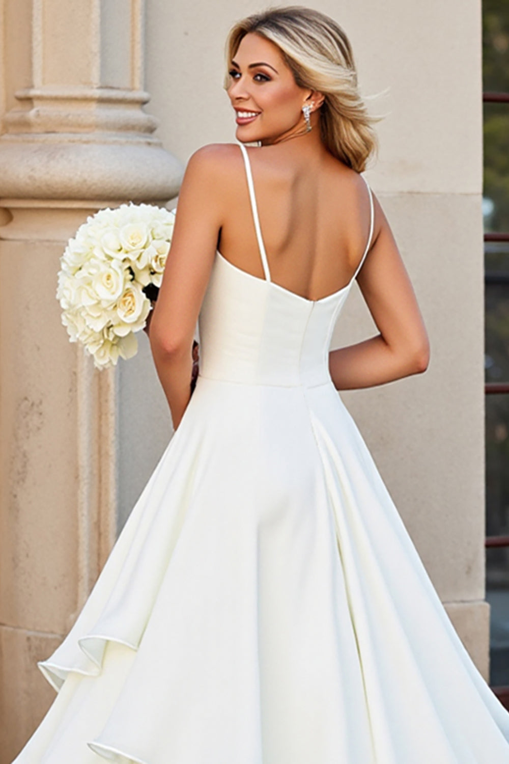 White A-line Spaghetti Straps Tiered Ruffled Wedding Dress