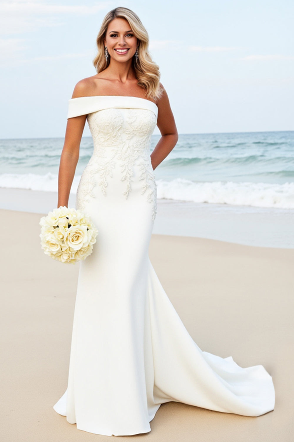 White Mermaid One Shoulder Beach Wedding Dress With Appliques