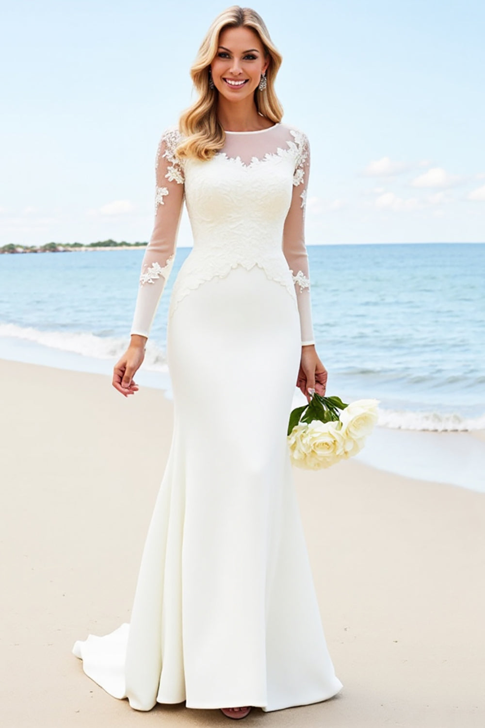 Ivory Illusion Neck Mermaid Satin Long Sleeve Wedding Dress With Appliques