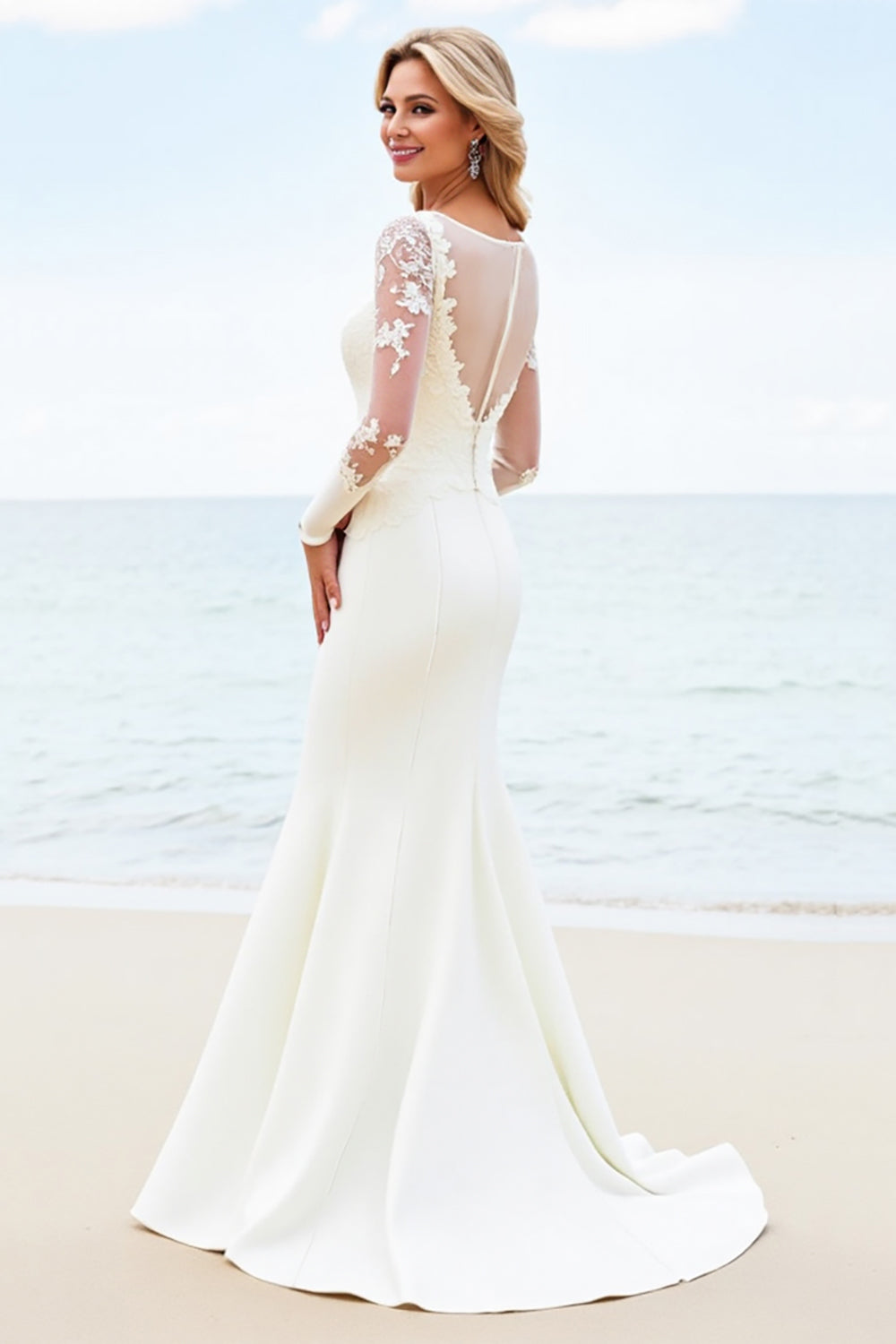 Ivory Illusion Neck Mermaid Satin Long Sleeve Wedding Dress With Appliques
