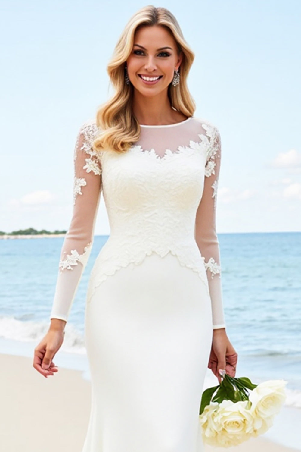 Ivory Illusion Neck Mermaid Satin Long Sleeve Wedding Dress With Appliques