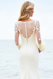 Ivory Illusion Neck Mermaid Satin Long Sleeve Wedding Dress With Appliques