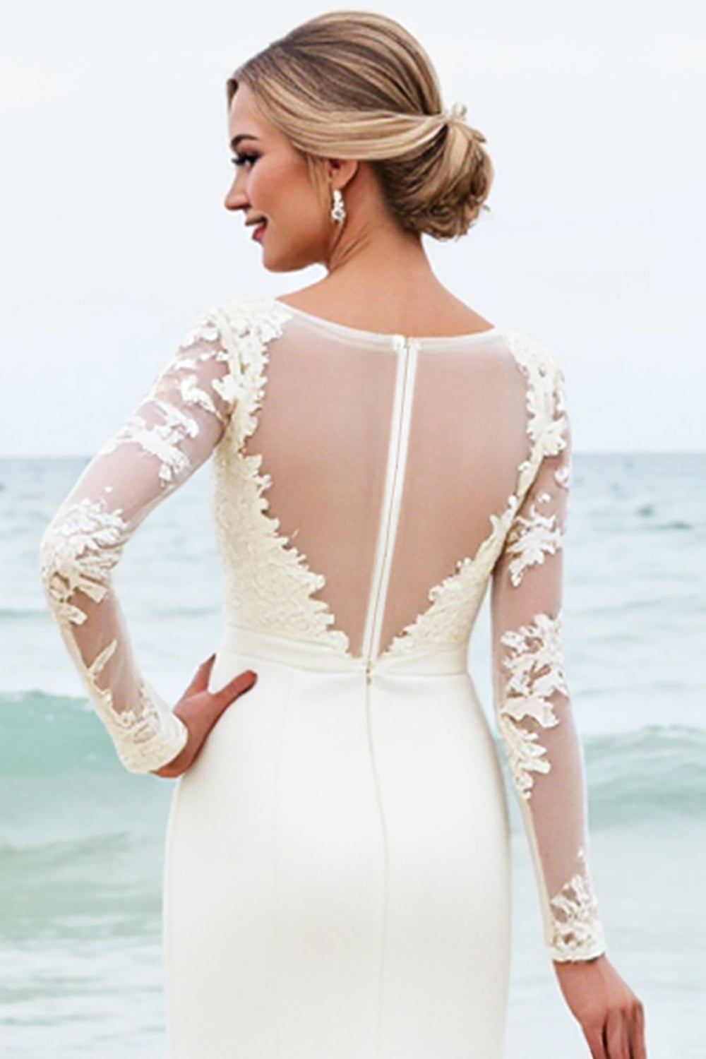 Ivory Mermaid Satin Long Sleeve Wedding Dress With Lace