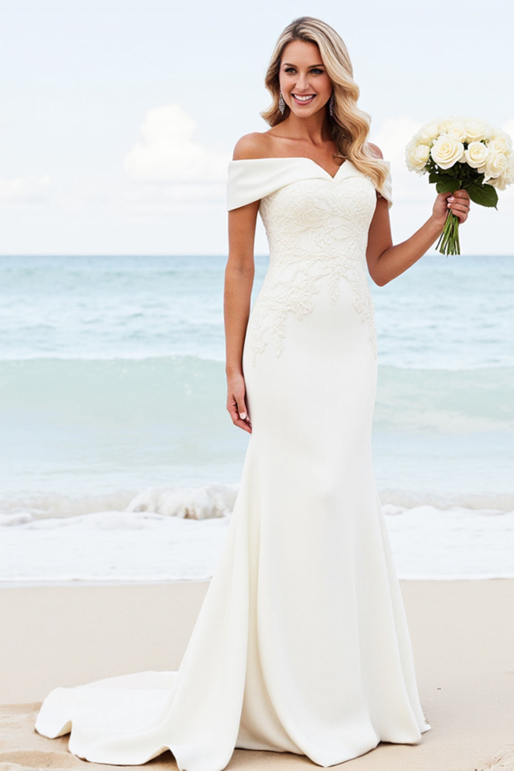 Ivory Mermaid Satin Applique Off The Shoulder Wedding Dress
