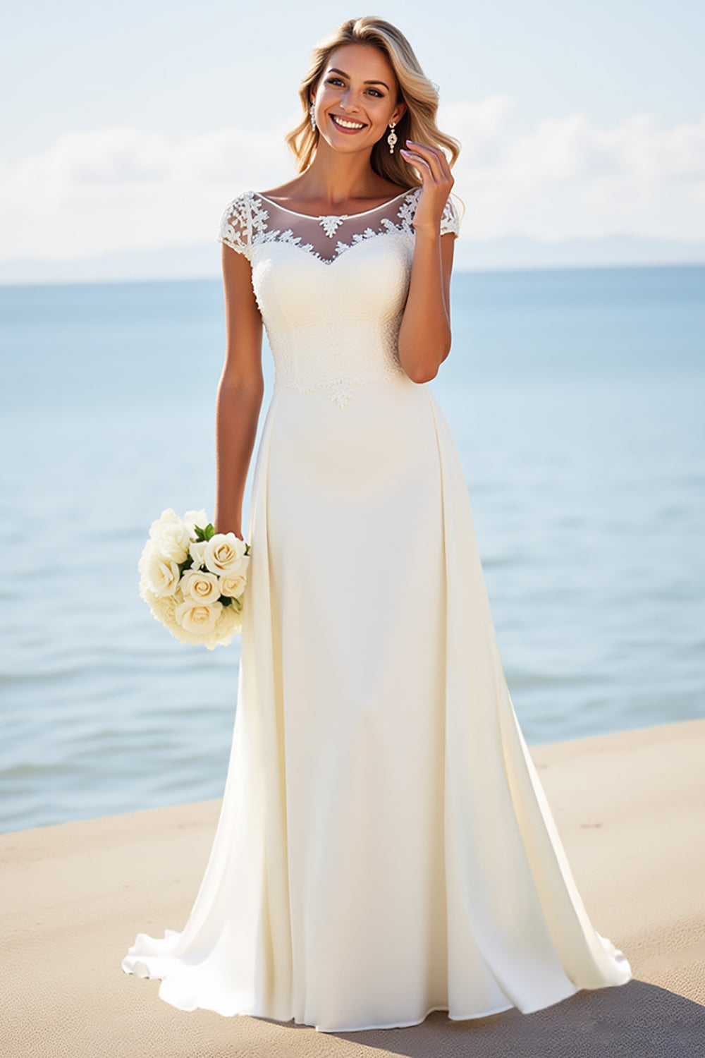 White A Line Satin Wedding Dress with Appliques