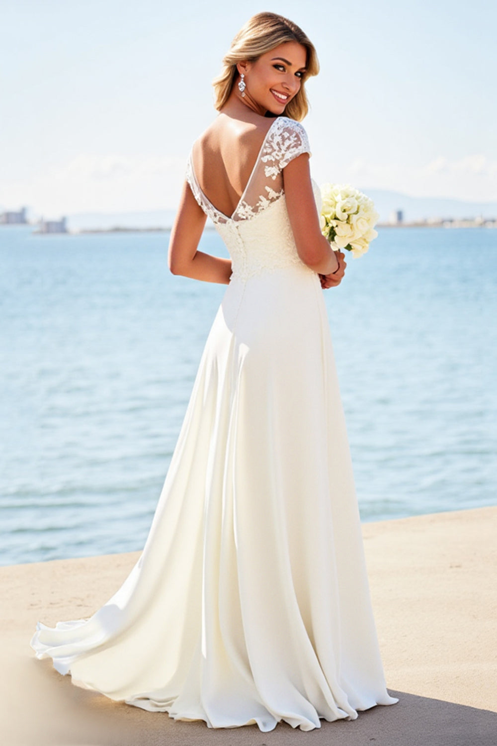White A Line Satin Wedding Dress with Appliques