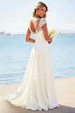 White A Line Satin Wedding Dress with Appliques