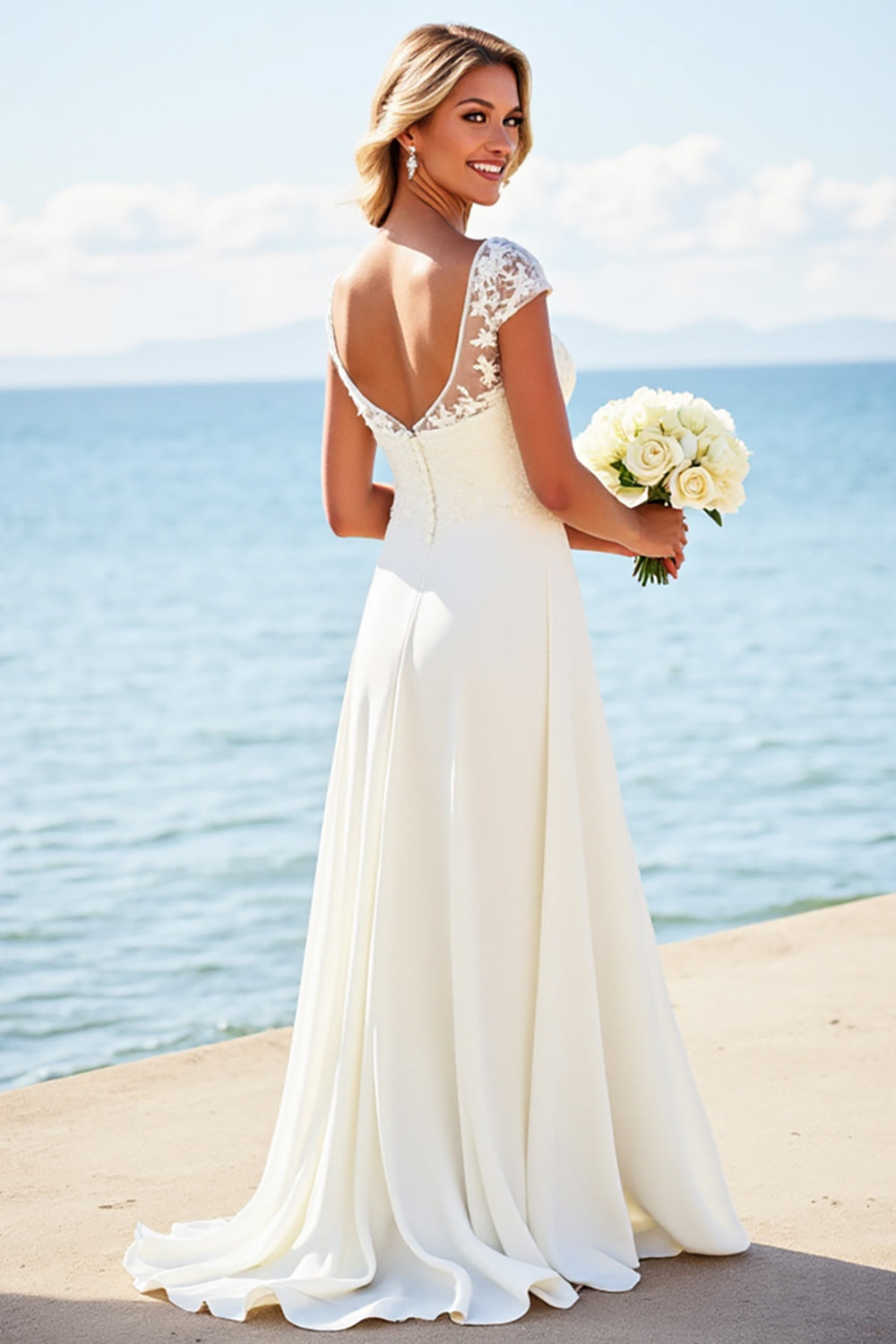 White A Line Satin Wedding Dress with Appliques