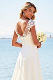 White A Line Satin Wedding Dress with Appliques