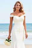 White Mermaid Off the Shoulder Satin Wedding Dress with Lace