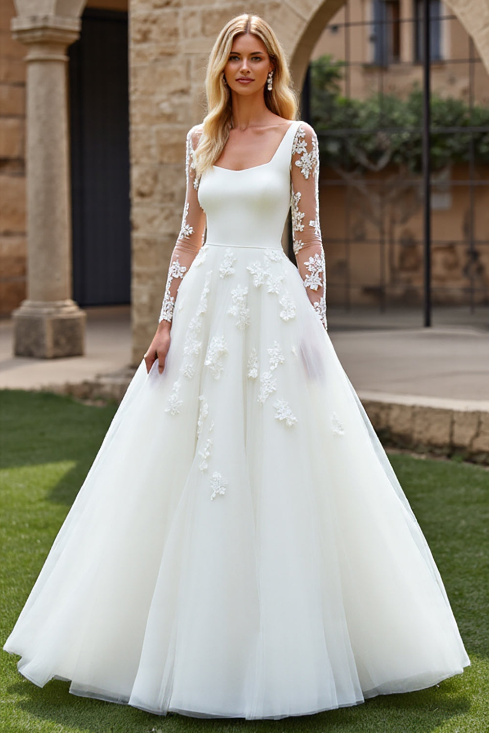 Ivory A-Line Square Neck Long Sleeve Tulle Wedding Dress with Appliques