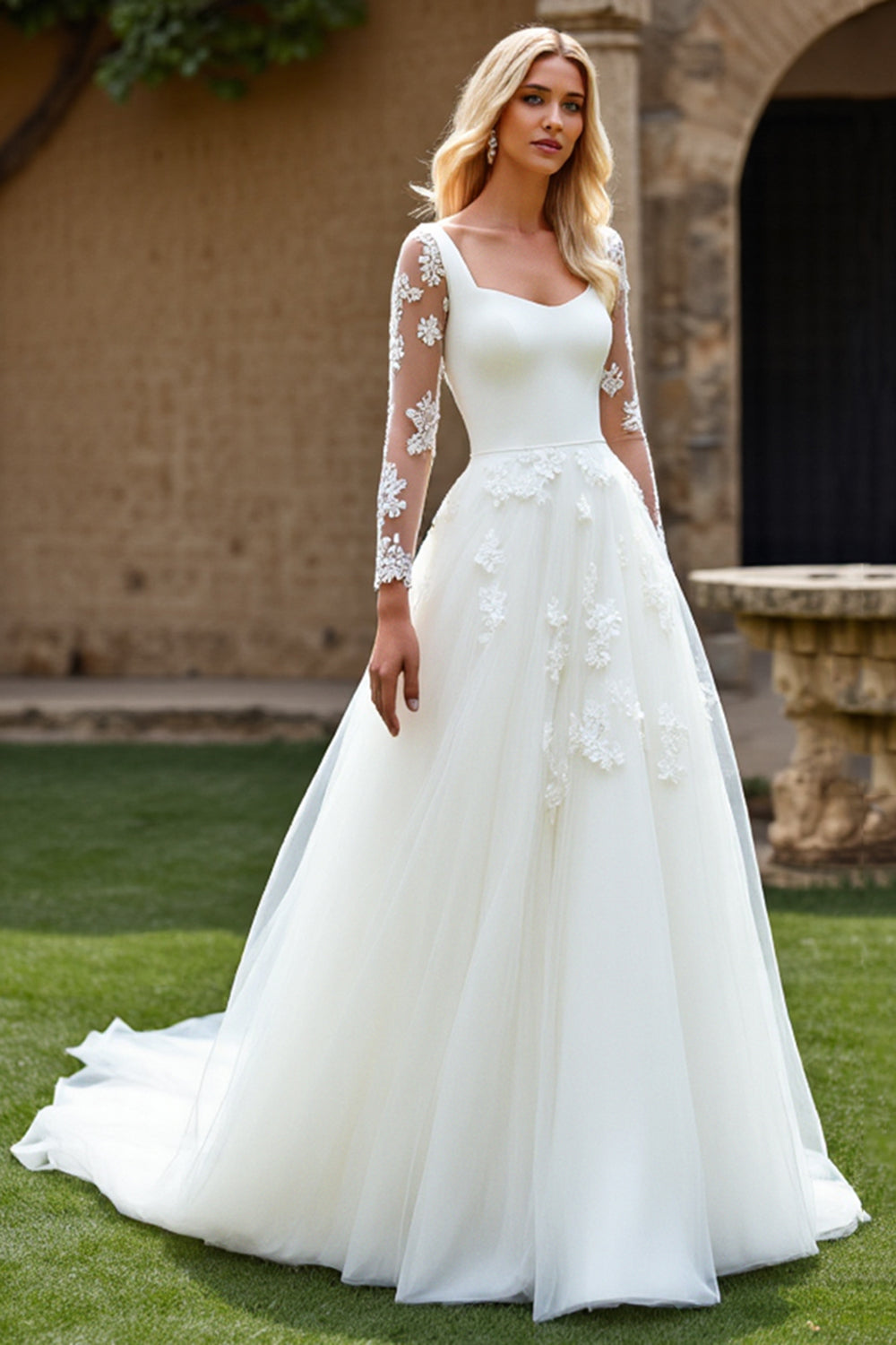 Ivory A-Line Square Neck Long Sleeve Tulle Wedding Dress with Appliques