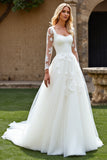 Ivory A-Line Square Neck Long Sleeve Tulle Wedding Dress with Appliques