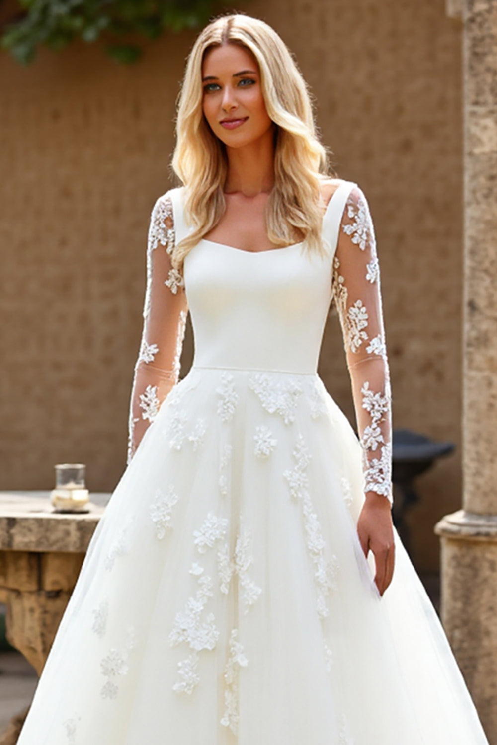 Ivory A-Line Square Neck Long Sleeve Tulle Wedding Dress with Appliques