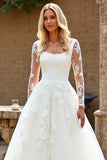 Ivory A-Line Square Neck Long Sleeve Tulle Wedding Dress with Appliques