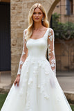 Ivory A-Line Square Neck Long Sleeve Tulle Wedding Dress with Appliques