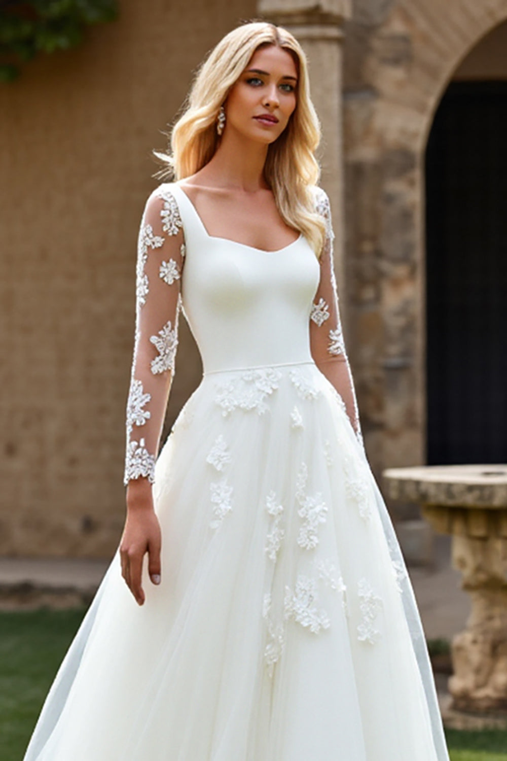 Ivory A-Line Square Neck Long Sleeve Tulle Wedding Dress with Appliques