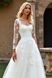 Ivory A-Line Square Neck Long Sleeve Tulle Wedding Dress with Appliques