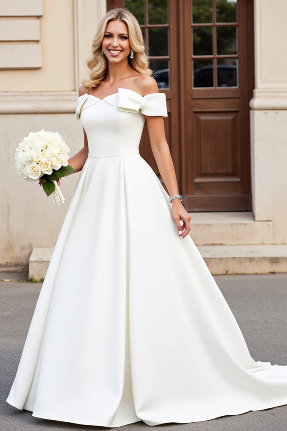 Ivory A-Line Off The Shoulder Satin Long Wedding Dress With Bows