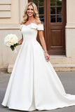 Ivory A-Line Off The Shoulder Satin Long Wedding Dress With Bows