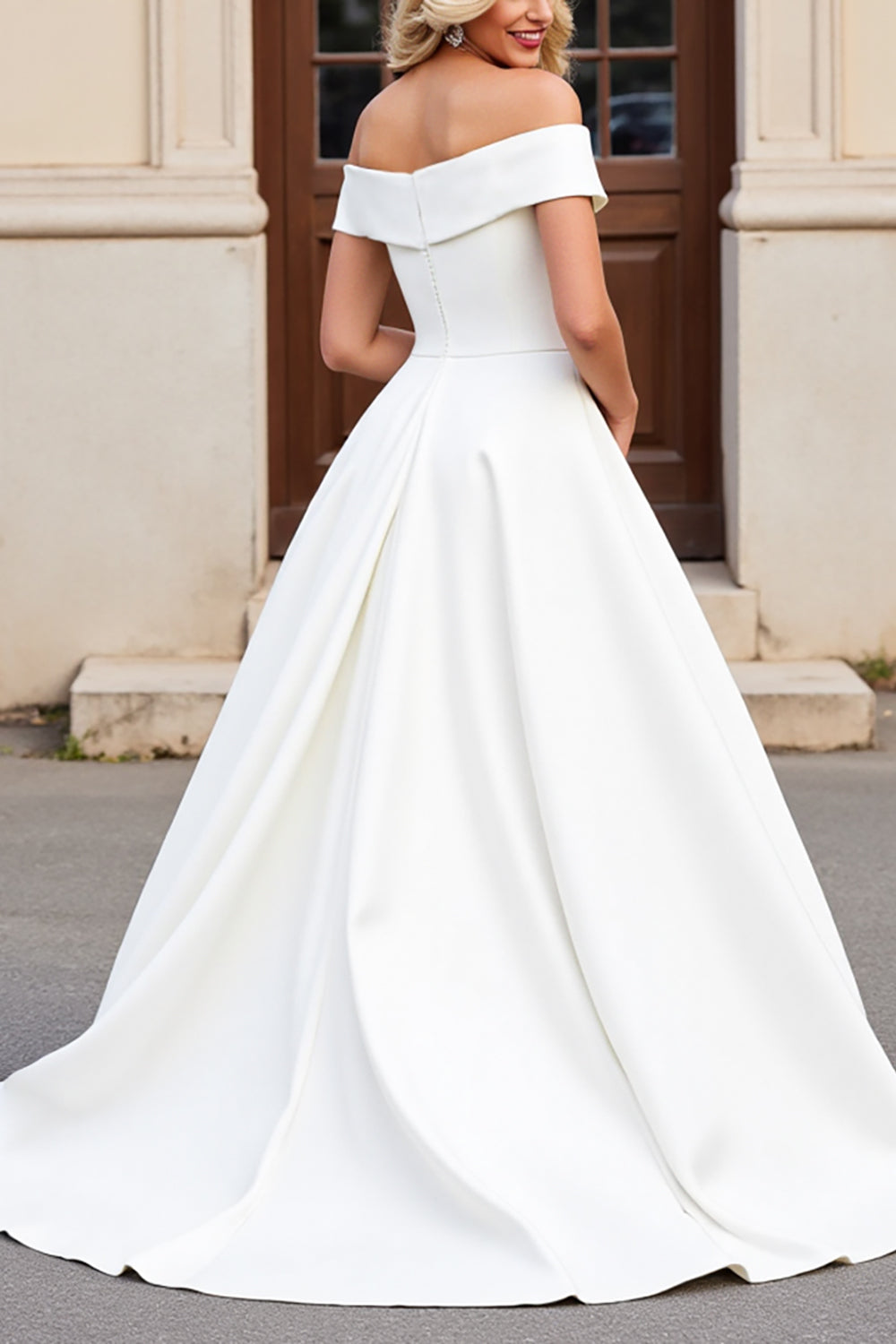 Ivory A-Line Off The Shoulder Satin Long Wedding Dress With Bows